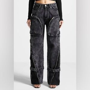 Zip Detail Denim Cargo Pants - Washed Black